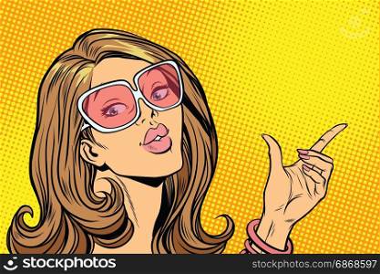 Beautiful woman in sunglasses, hold hand gesture. Pop art retro comic book vector illustration. Beautiful woman in sunglasses, hold hand gesture