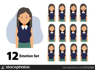 Beautiful woman, long hair lady with different facial expressions set.Flat vector cartoon character illustration.