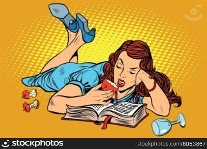 Beautiful woman lying down reading a book and eating an Apple, pop art retro vector illustration. Evening for an interesting read