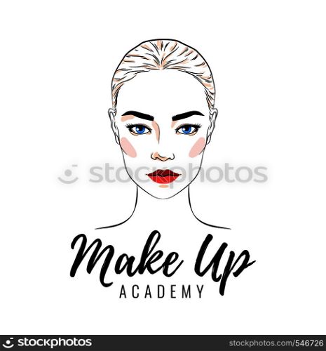 Beautiful woman, make up academy or school logo, banner or poster design, vector illustration line sketch style. Beautiful woman, make up academy or school logo, banner or poster design