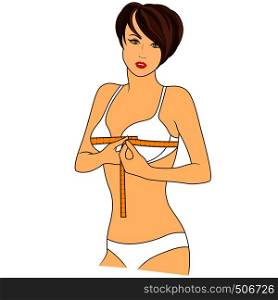 Beautiful woman measuring the size of her chest with tape measure, colored vector illustration isolated on the white background