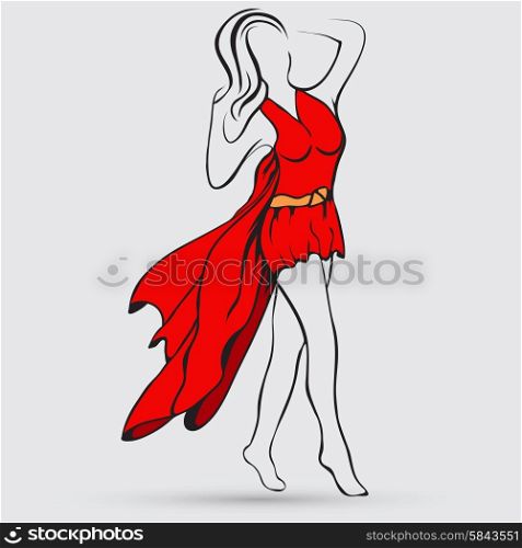 Beautiful woman model walking on the runway, shows the red dress