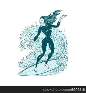 Beautiful woman on surf board.. Beautiful woman on surf board. Surfer girl on the wave. Prints for T-shirts. Vector hand drawn illustration.