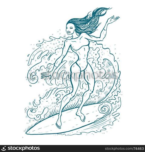 Beautiful woman on surf board.. Beautiful woman on surf board. Surfer girl on the wave. Prints for T-shirts. Vector hand drawn illustration.