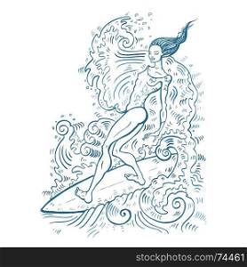 Beautiful woman on surf board. Surfer girl on the wave. Prints for T-shirts. Vector hand drawn illustration.. Beautiful woman on surf board.