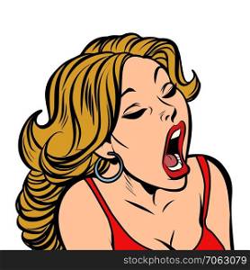 Beautiful woman opened her mouth. Comic cartoon pop art retro vector illustration. Beautiful woman opened her mouth