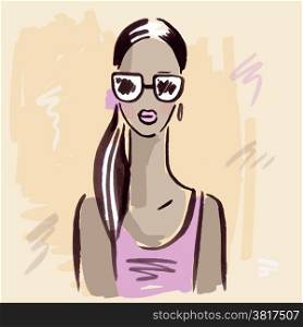 Beautiful Woman Portrait. Fashion girl. Hand drawn vector Illustration.