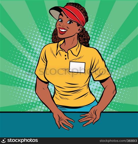 Beautiful woman restaurant worker takes the order, pop art retro vector illustration. A restaurant employee fast food. The seller is in uniform