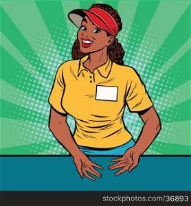 Beautiful woman restaurant worker takes the order, pop art retro vector illustration. A restaurant employee fast food. The seller is in uniform