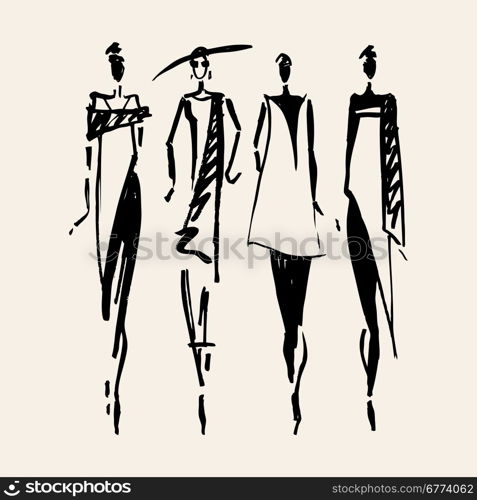 Beautiful Woman silhouette. . Beautiful Woman silhouette. Hand drawn fashion illustration.