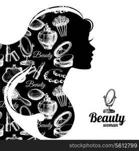 Beautiful woman silhouette. Cosmetics set pattern. Beauty salon symbol