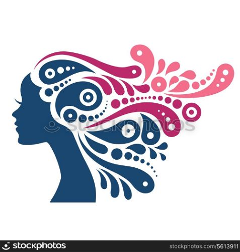 Beautiful woman silhouette. Tattoo of abstract girl hair&#x9;