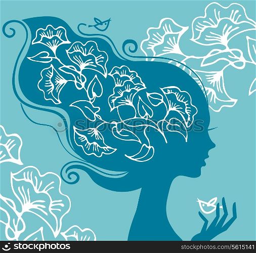 Beautiful woman silhouette with flowers and birds