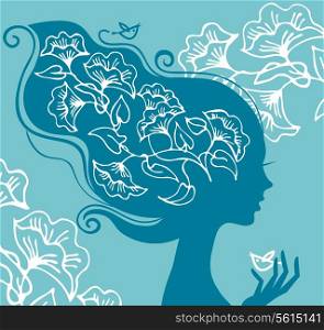 Beautiful woman silhouette with flowers and birds