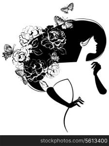Beautiful woman silhouette with flowers and butterflies in haer