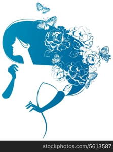 Beautiful woman silhouette with flowers and butterfly in her hair