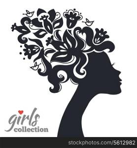 Beautiful woman silhouette with flowers. Girls collection