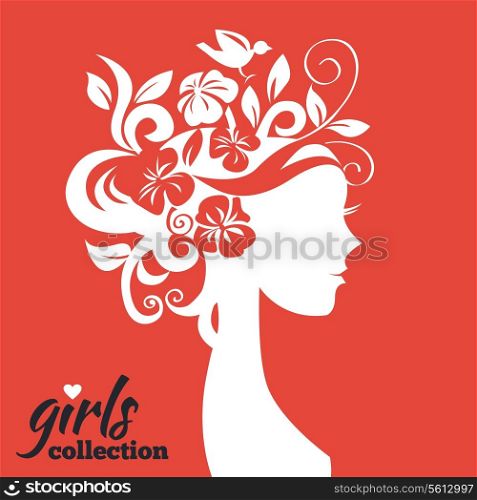 Beautiful woman silhouette with flowers. Girls collection