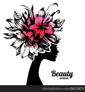 Beautiful woman silhouette with flowers. Hand drawn sketch illustration