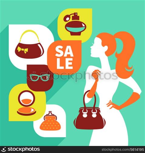 Beautiful woman silhouette with shopping icons. Stylish sale flat design