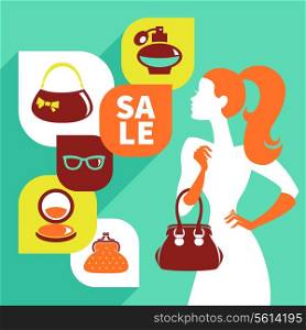Beautiful woman silhouette with shopping icons. Stylish sale flat design