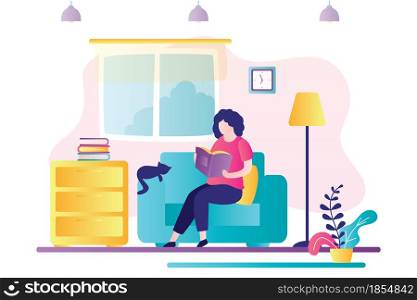 Beautiful woman sitting in chair and read. Smart female character learns, girl pleasure to spend time with book in hands. Room interior with furniture. Trendy style vector illustration. Beautiful woman sitting in chair and read. Smart female character learns, girl pleasure to spend time with book in hands.