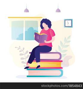 Beautiful woman sitting on stack of books and read. Smart female character learns, girl pleasure to spend time with book in hands. Room interior. Trendy style vector illustration. Beautiful woman sitting on stack of books and read. Smart female character learns, girl pleasure to spend time with book in hands