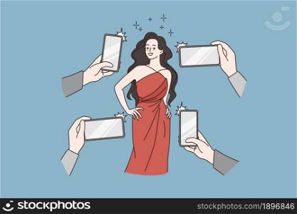 Beautiful woman star pose on red carpet for photographer reporters making pictures on smartphones. Smiling female celebrity on event photographed by journalists. Flat vector illustration.. Happy woman celebrity pose for photographers on event