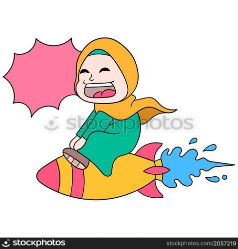 beautiful woman wearing a happy smiling hijab flies around the sky riding a rocket launcher