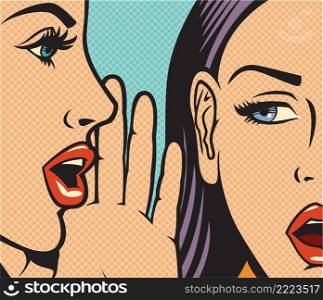 Beautiful woman whispering secret to her friend  vector illustration in the pop art style 
