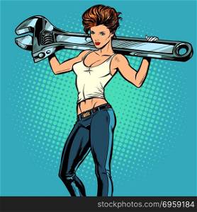 Beautiful woman with a wrench. Beautiful woman with a wrench. Pop art retro vector illustration comic cartoon kitsch drawing. Beautiful woman with a wrench