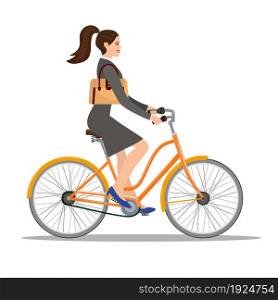 beautiful woman with bag rides a bicycle. Vector illustration in flat design. Isolated on a white background. beautiful woman in dress rides a bicycle