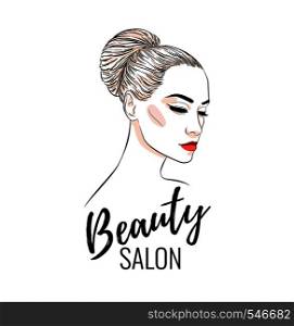 Beautiful woman with bun hairstyle, beauty salon, banner or poster design, vector illustration line sketch style. Beautiful woman with bun hairstyle, beauty salon, banner or poster design