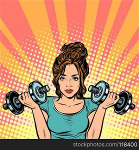 Beautiful woman with dumbbells in gym. Pop art retro vector illustration kitsch vintage. Beautiful woman with dumbbells in gym