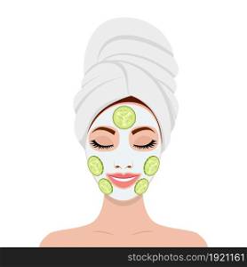 beautiful woman with facial mask of cucumber slices on face. SPA beauty and health concept. Vector illustration in flat style. beautiful woman with facial mask