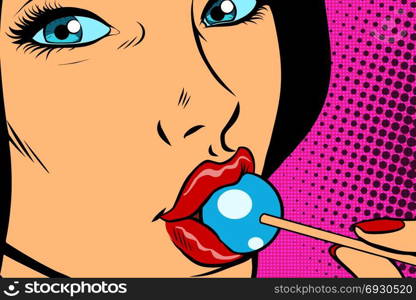 beautiful woman with Lollipop, confectionery. Comic caricature vector pop art retro illustration drawing. beautiful woman with Lollipop, confectionery