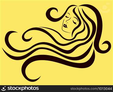 Beautiful woman with long wavy luxury hair in flow and with sensual face, brown vector on the muted yellow background, hand drawing