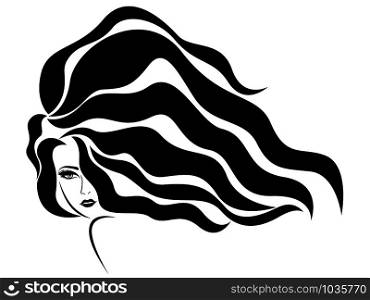Beautiful woman with long wavy luxury hair in flow and with sensual face, black vector isolated on the white background, hand drawing