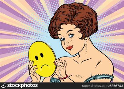Beautiful woman with mask Emoji sadness. Comic book cartoon pop art retro colored drawing vintage illustration. Beautiful woman with mask Emoji sadness