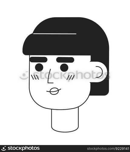 Beautiful woman with restrained smile monochromatic flat vector character head. Editable black white cartoon face emotion. Hand drawn lineart ink spot illustration for web graphic design, animation. Beautiful woman with restrained smile monochromatic flat vector character head