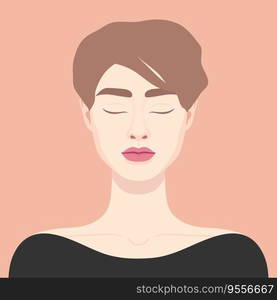 Beautiful woman with short haircut and closed eyes. Portrait of a girl. Vector illustration