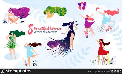 Beautiful Women Characters, Female Fashion and Beauty Products Trendy Flat Vector Concept Set. Ladies in Fashionable Clothing, Wearing Dresses from Natural Fabric with Floral Pattern Illustration