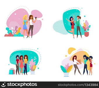 Beautiful Women Characters in Various Lifestyles Cartoon Friendship Set. Girls, Female Friends Taking Selfie, Doing Shopping or Making Online Order, Spending Time Together. Vector Flat Illustration. Women in Various Lifestyles Cartoon Friendship Set