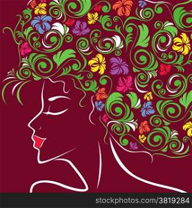 Beautiful women head profile with colourful floral hair over claret, hand drawing vector illustration