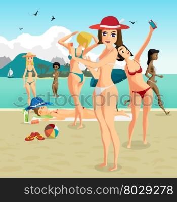 Beautiful women in bikini at the seaside. Group of women bathing and sunning on the beach. Vector flat cartoon illustration people sunbathing on the beach