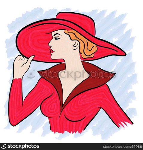 Beautiful women in red costume and in wide-brimmed hat, hand drawing color vector illustration with brush as a watercolor picture