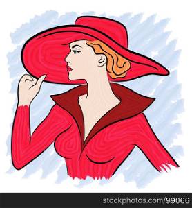 Beautiful women in red costume and in wide-brimmed hat, hand drawing color vector illustration with brush as a watercolor picture