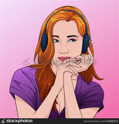 Beautiful women listen to music from headphones Illustration vector On pop art comics style Abstract pink background