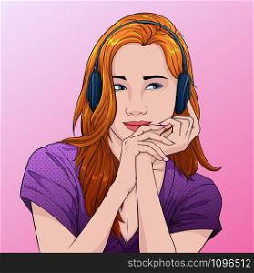 Beautiful women listen to music from headphones Illustration vector On pop art comics style Abstract pink background