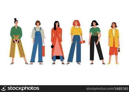 Beautiful women or girls standing together. High fashion, fine clothes, handbags. Group of happy female friends, feminists. Flat cartoon smiling characters isolated on white. Vector illustration.